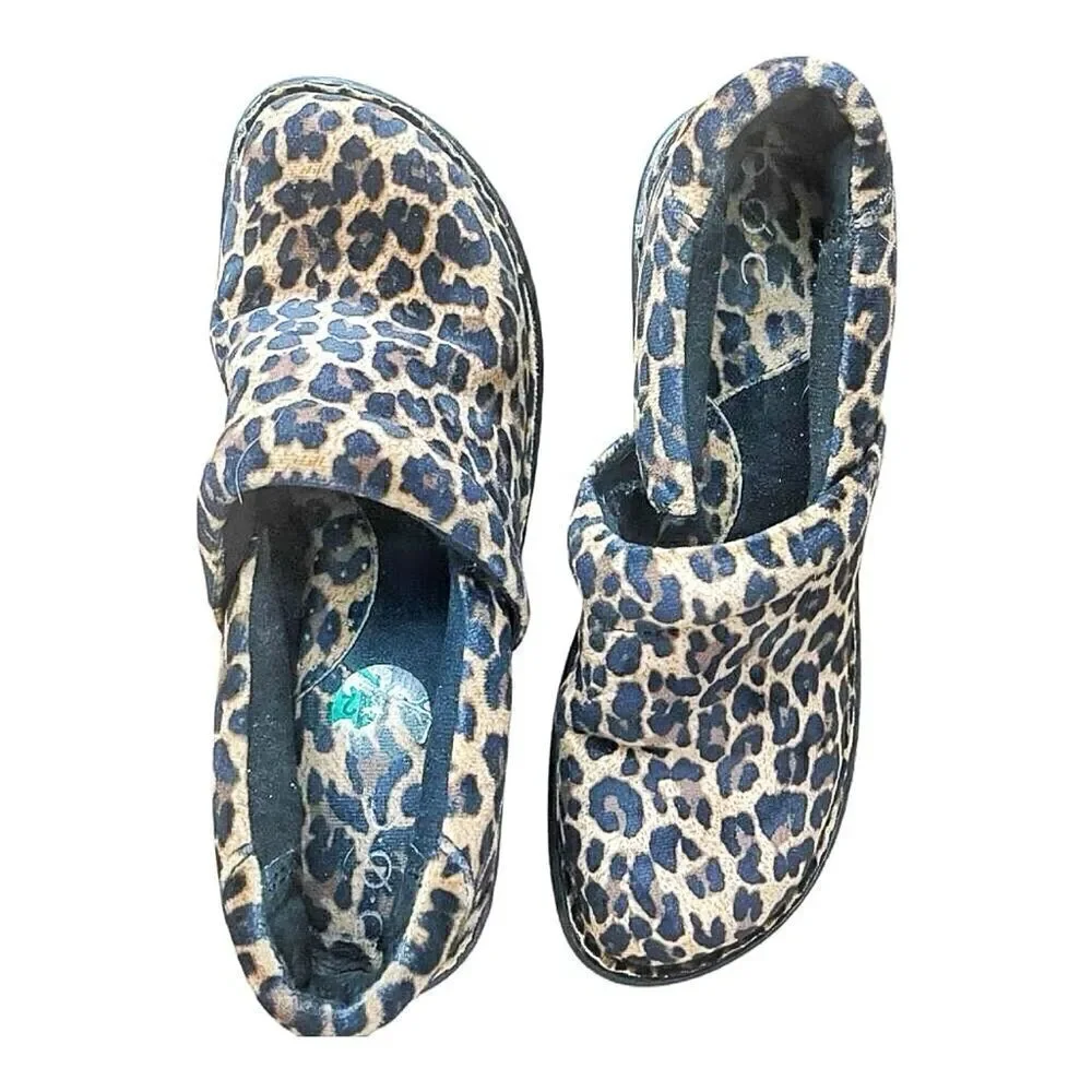 BOC Born Cheetah Leopard Leather Comfort Work Nurses Clogs Size 7.5